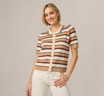 Short Sleeve Textured Knit Collared Cardigan Sweater In Chocolate Combo 1
