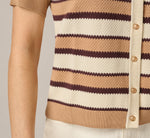 Short Sleeve Textured Knit Collared Cardigan Sweater In Chocolate Combo 5
