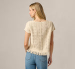 Short Sleeve Cable Crochet Open Knit Fringe Top In Cream 6