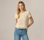 Short Sleeve Cable Crochet Open Knit Fringe Top In Cream 3
