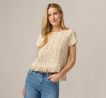 Short Sleeve Cable Crochet Open Knit Fringe Top In Cream 1