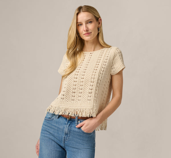 White Short Sleeve Cable Crochet Open Knit Fringe Top - Adrianna