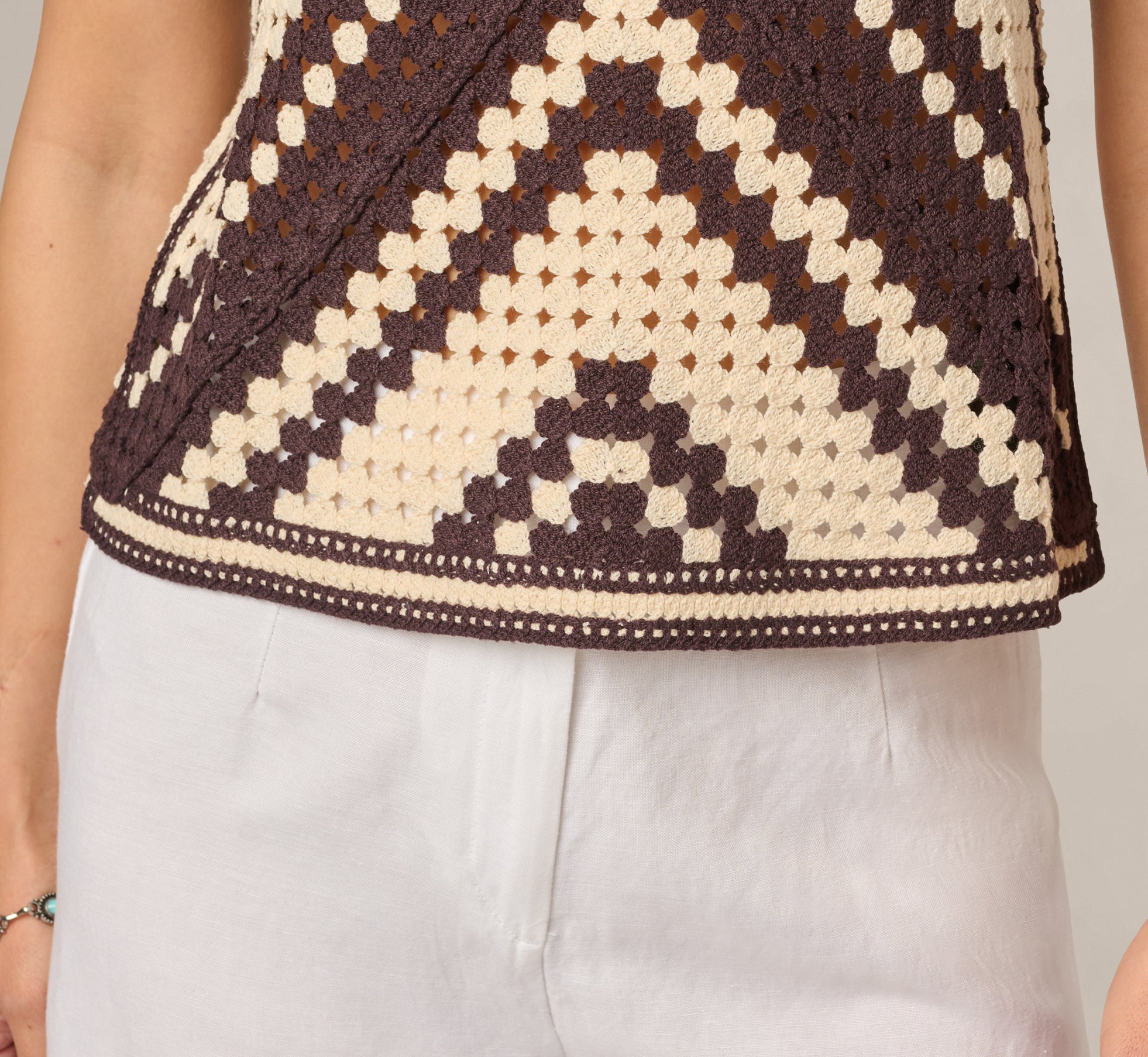 Brown Open Crochet Knit Tank Top - Adrianna Papell