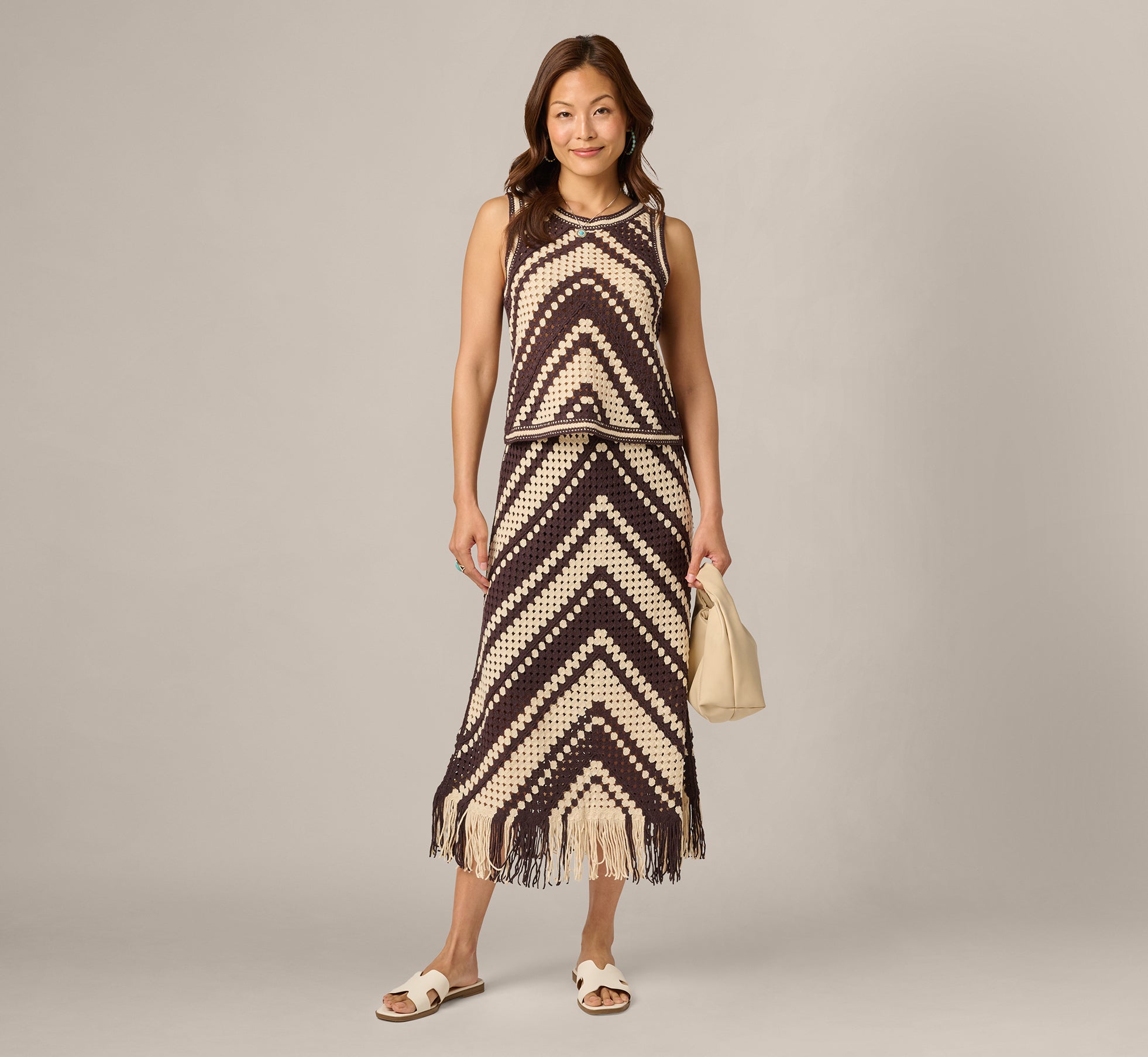 Crochet Knit Fringe Midi Skirt In Chocolate Cream 1