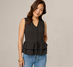 Textured Cotton Ruffle Vest Top In Black 1