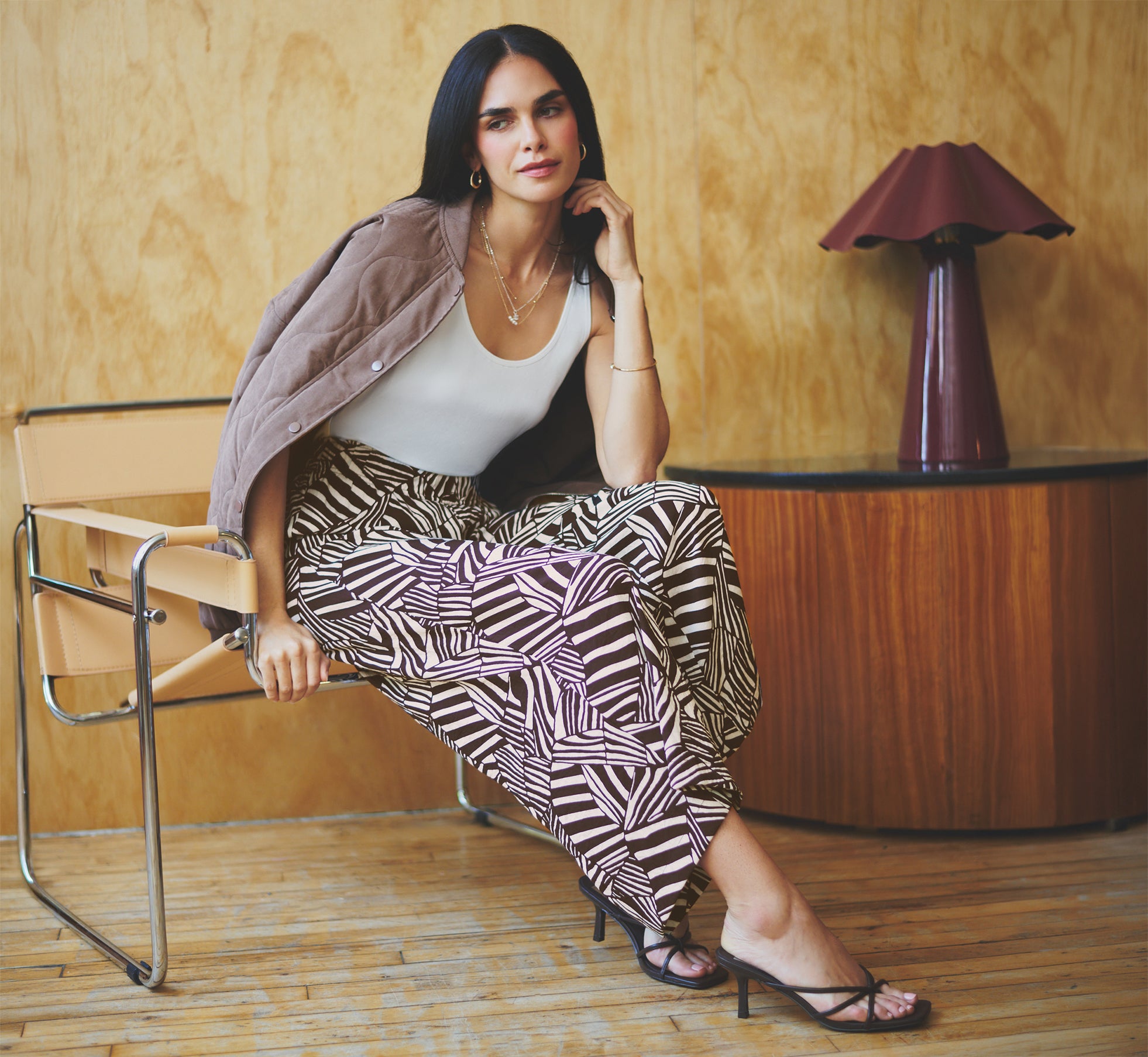 Pull On Cropped Wide Leg Pant In Chocolate Patchwork Stripe 1