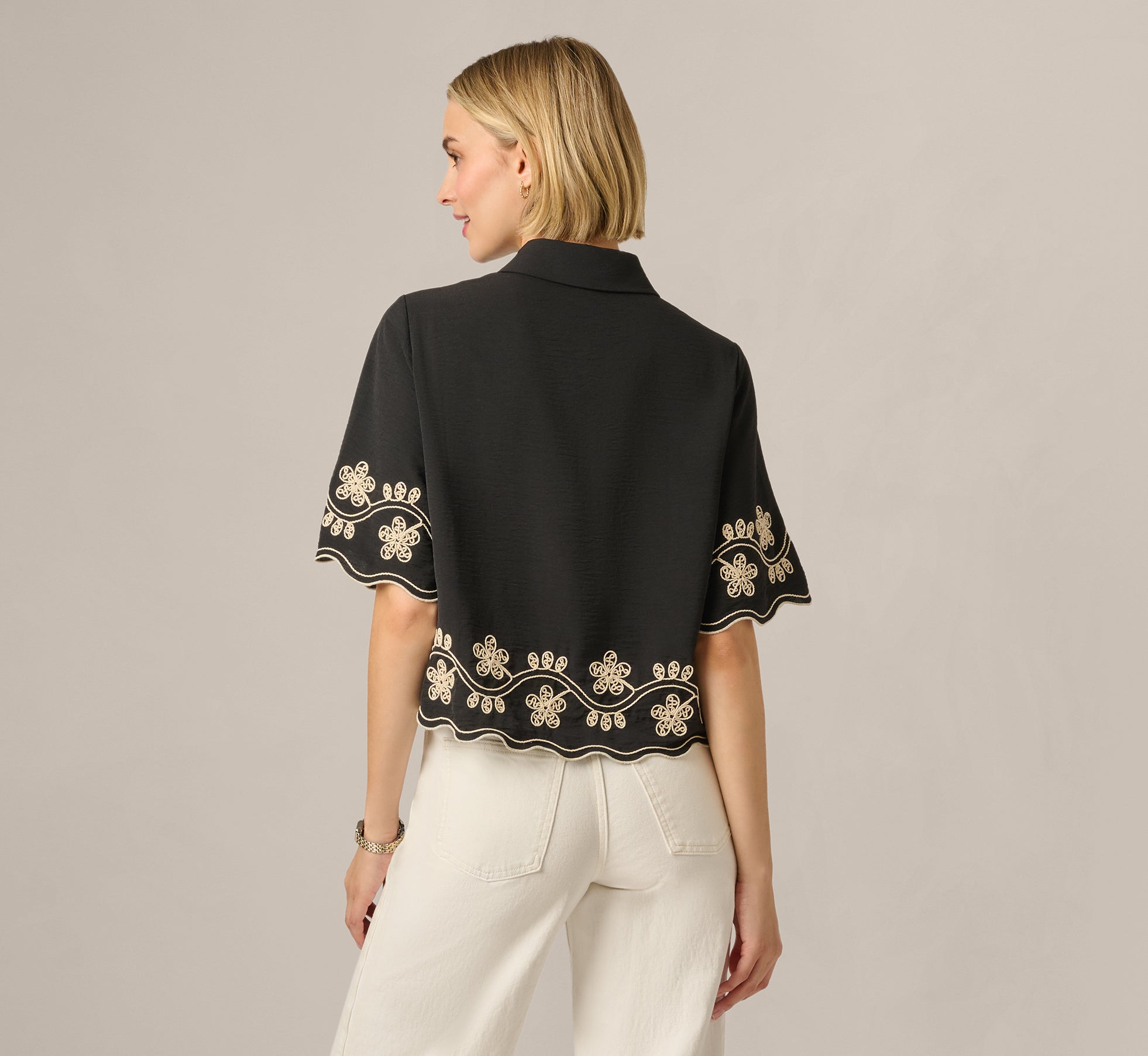 Black Short Sleeve Scalloped Floral Embroidery Blouse - Adrianna