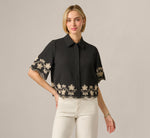 Short Sleeve Scalloped Floral Embroidery Blouse In Black Ivory 3