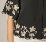 Short Sleeve Scalloped Floral Embroidery Blouse In Black Ivory 4