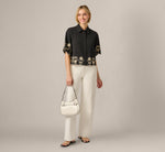 Short Sleeve Scalloped Floral Embroidery Blouse In Black Ivory 2