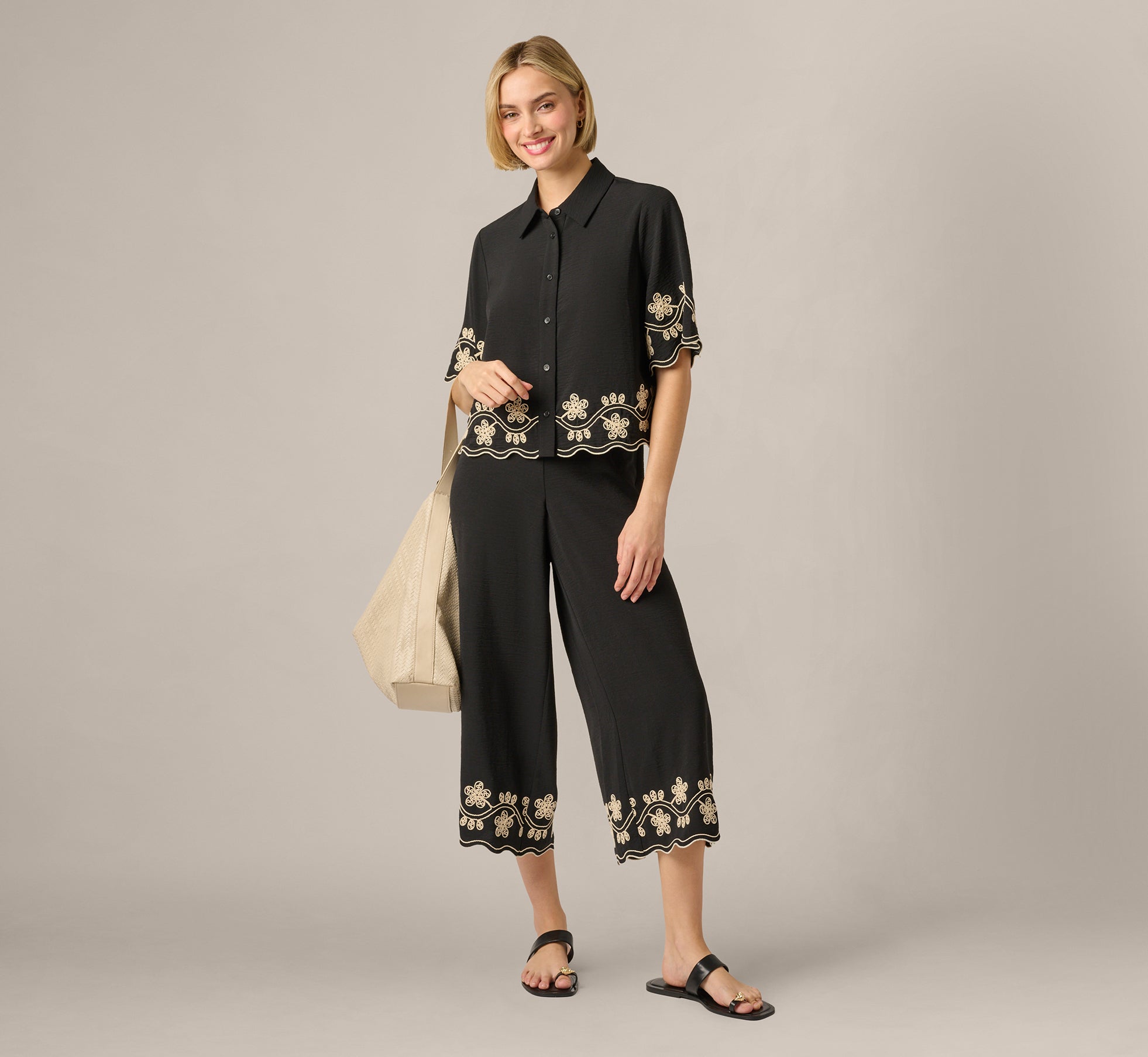 Scalloped Floral Embroidery Cropped Pant In Black Ivory 1