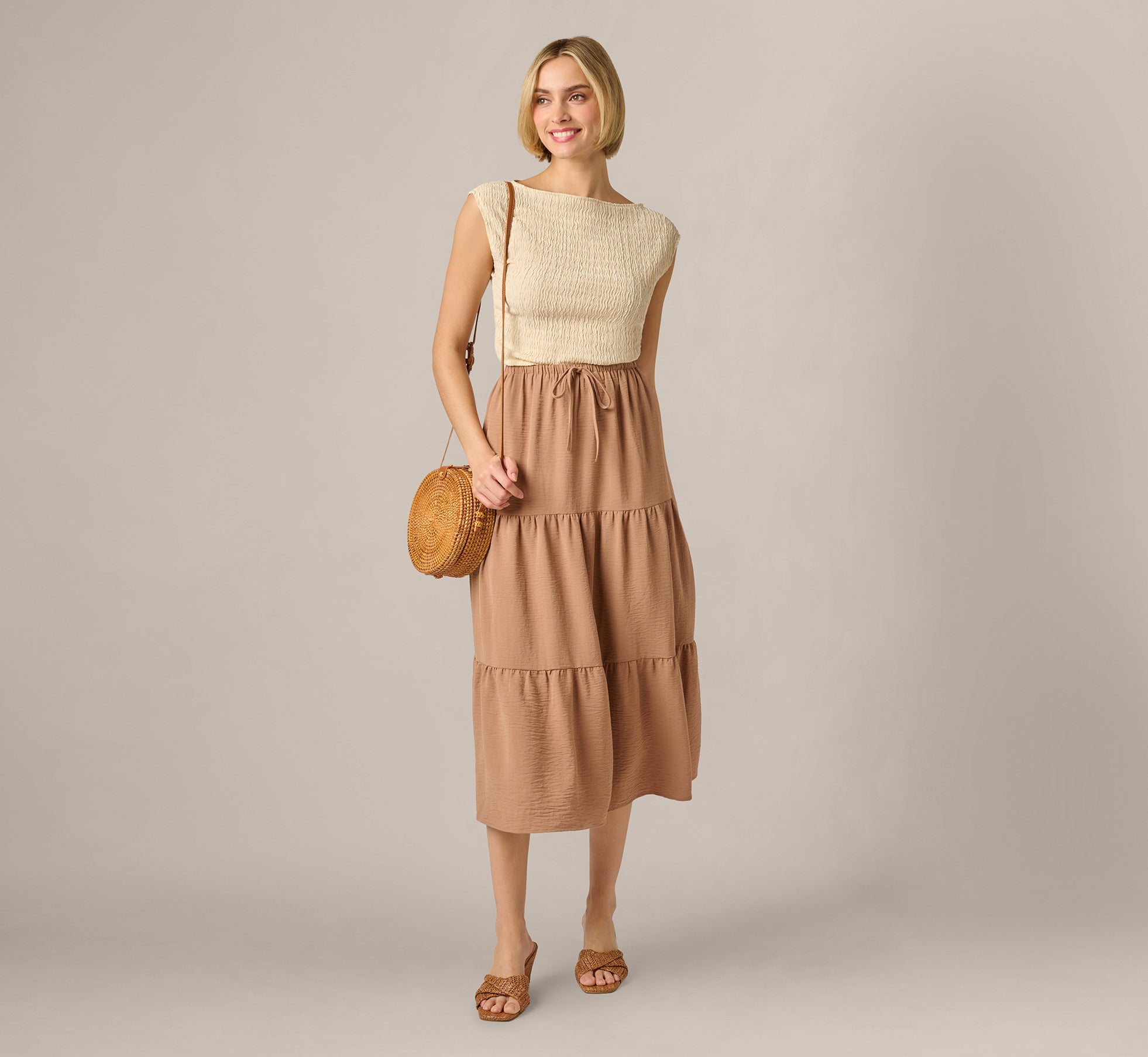 Tiered Drawstring Airflow Midi Skirt In Sinopia Fresco 1