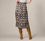 Satin Front Slit A Line Midi Skirt In Navy Climbing Roses 5
