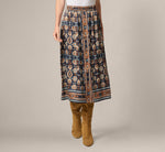 Satin Front Slit A Line Midi Skirt In Navy Climbing Roses 2