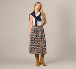 Satin Front Slit A Line Midi Skirt In Navy Climbing Roses 1