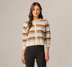 Three Quarter Sleeve Pebble Texture Cardigan Sweater In Brown Classic Blue Combo 3