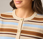 Three Quarter Sleeve Pebble Texture Cardigan Sweater In Brown Classic Blue Combo 4
