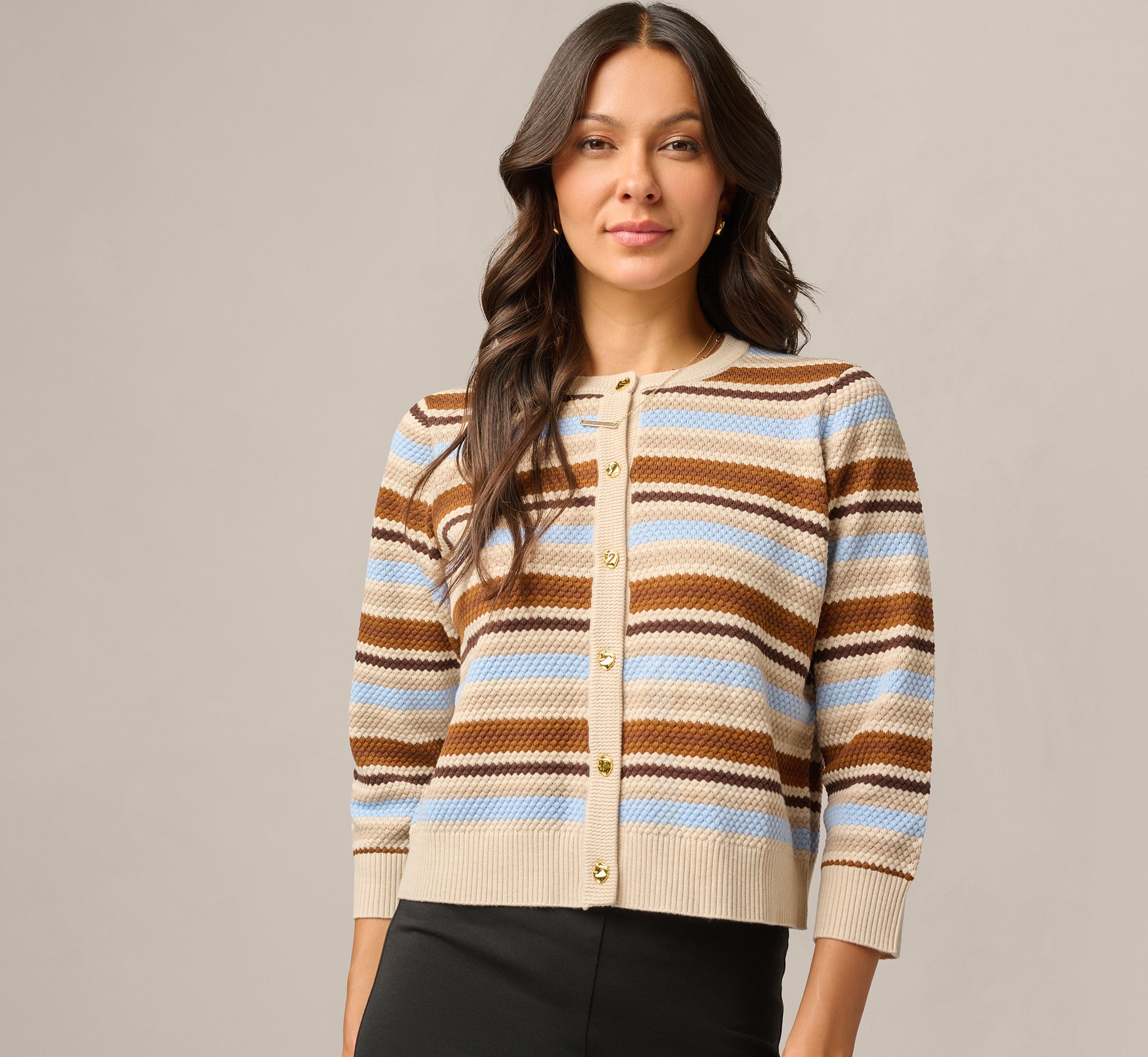 Brown Three Quarter Sleeve Pebble Texture Cardigan Sweater - Adrianna ...