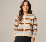 Three Quarter Sleeve Pebble Texture Cardigan Sweater In Brown Classic Blue Combo 1