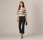 Three Quarter Sleeve Pebble Texture Cardigan Sweater In Brown Classic Blue Combo 2