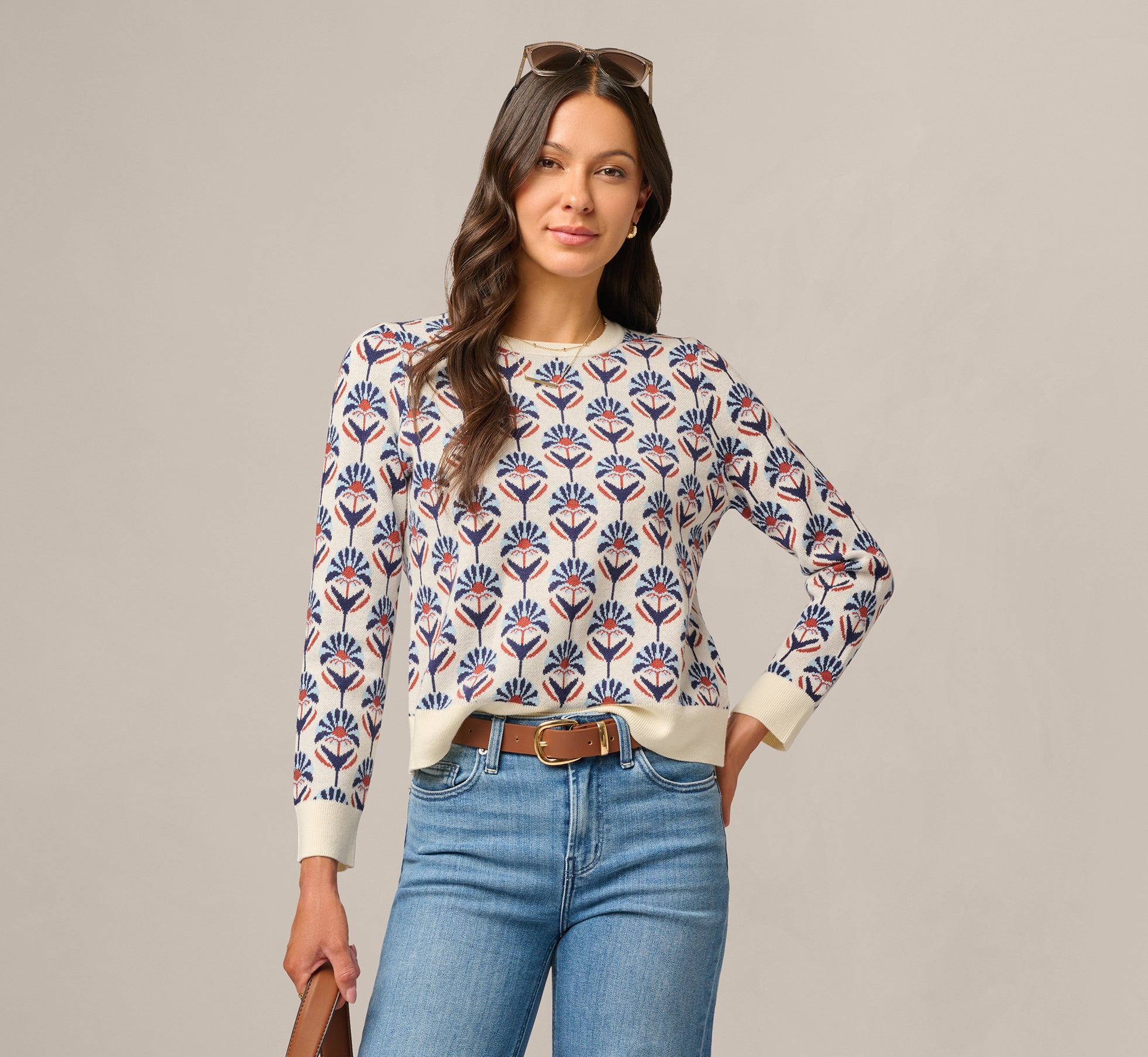 Long Sleeve Jacquard Pullover Sweater In Rustic Clay Floral 1