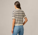 Short Sleeve Textured Knit Collared Cardigan Sweater In Cream Navy 6