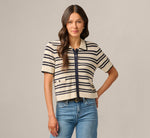 Short Sleeve Textured Knit Collared Cardigan Sweater In Cream Navy 3