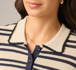 Short Sleeve Textured Knit Collared Cardigan Sweater In Cream Navy 4