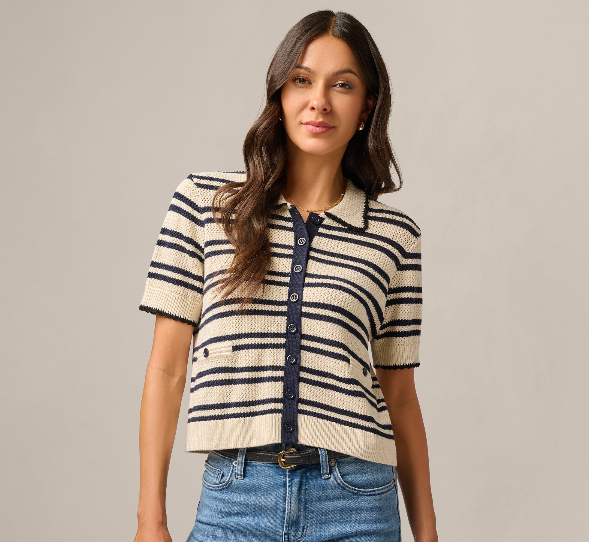 Short Sleeve Textured Knit Collared Cardigan Sweater In Cream Navy 1