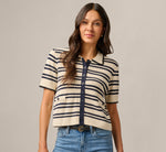 Short Sleeve Textured Knit Collared Cardigan Sweater In Cream Navy 1
