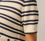 Short Sleeve Textured Knit Collared Cardigan Sweater In Cream Navy 5
