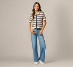 Short Sleeve Textured Knit Collared Cardigan Sweater In Cream Navy 2