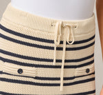 Textured Knit Short Drawstring Skirt In Cream Navy 3