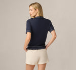 Short Sleeve Bow Neck Contrast Stitch Sweater In Navy Cream 6
