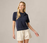 Short Sleeve Bow Neck Contrast Stitch Sweater In Navy Cream 3