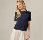 Short Sleeve Bow Neck Contrast Stitch Sweater In Navy Cream 1