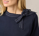 Short Sleeve Bow Neck Contrast Stitch Sweater In Navy Cream 5