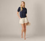 Short Sleeve Bow Neck Contrast Stitch Sweater In Navy Cream 2