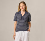 Fringe Trim Textured Polo Sweater In Navy Ivory 3