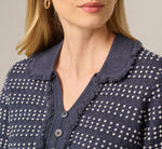 Fringe Trim Textured Polo Sweater In Navy Ivory 4
