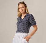Fringe Trim Textured Polo Sweater In Navy Ivory 1