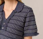 Fringe Trim Textured Polo Sweater In Navy Ivory 5