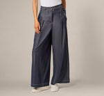 Wide Leg Topstitch Belted Pleat Pant In Washed Denim Cream 2
