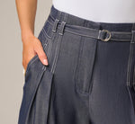 Wide Leg Topstitch Belted Pleat Pant In Washed Denim Cream 3