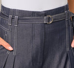 Wide Leg Topstitch Belted Pleat Pant In Washed Denim Cream 4