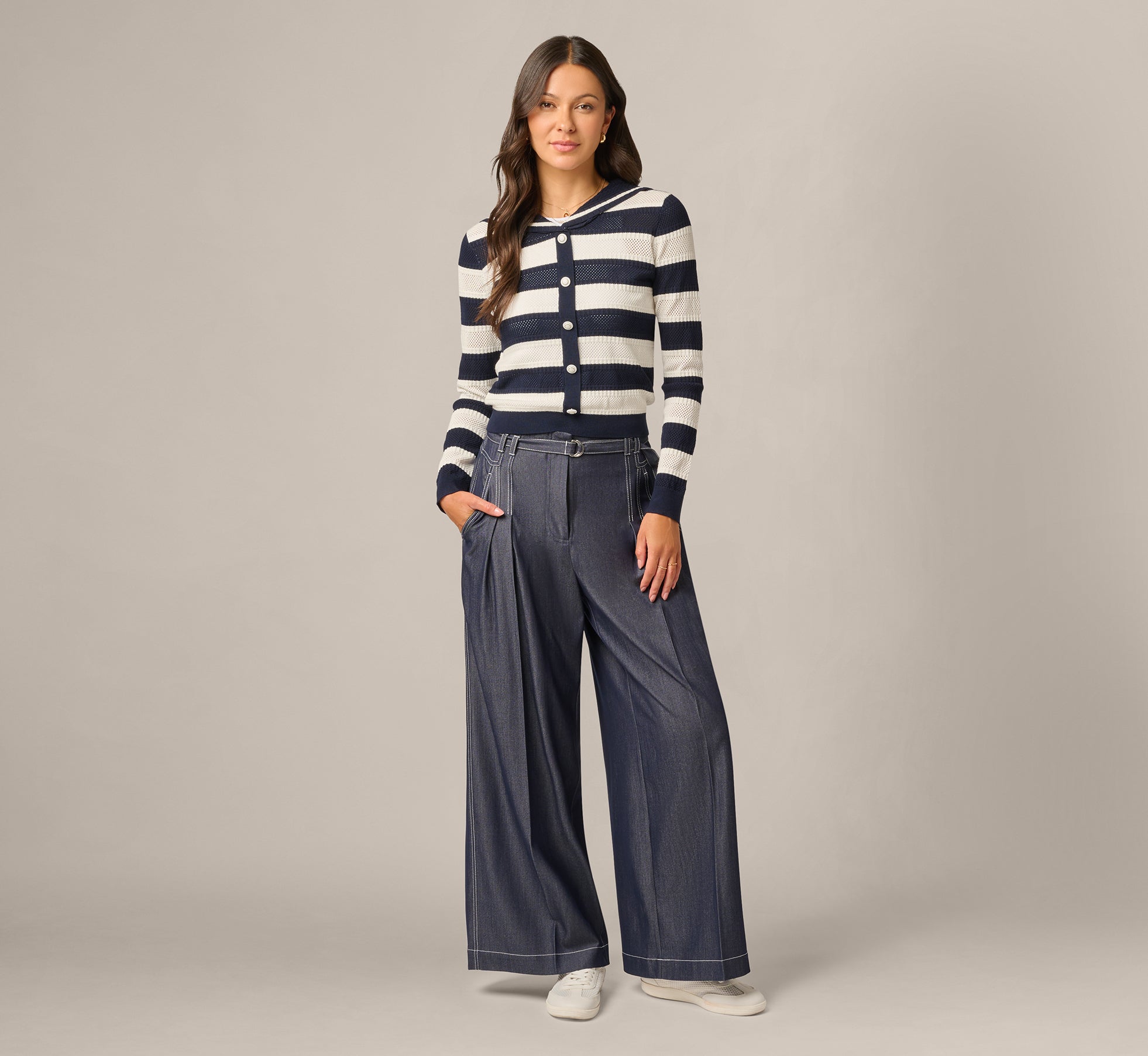 Wide Leg Topstitch Belted Pleat Pant In Washed Denim Cream 1