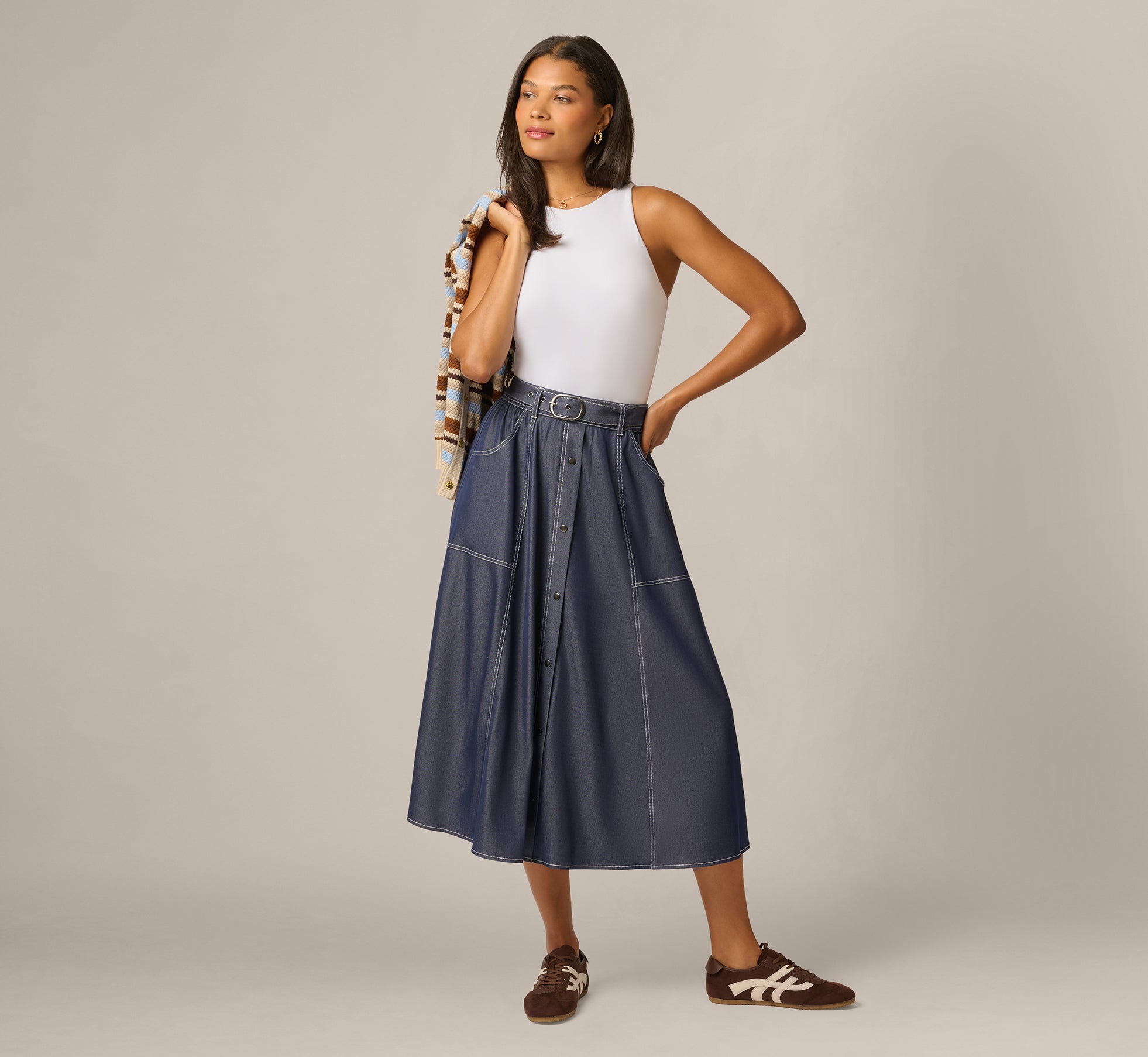 Belted A Line Midi Skirt In Washed Denim Cream 1