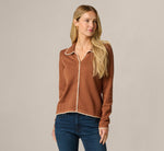 Long Sleeve Polo Collar Contrast Stitched Cardigan Sweater In Tobacco Cream 3