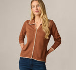 Long Sleeve Polo Collar Contrast Stitched Cardigan Sweater In Tobacco Cream 1