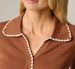 Long Sleeve Polo Collar Contrast Stitched Cardigan Sweater In Tobacco Cream 5